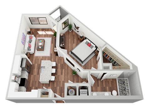 Floor plan for 1 bed, 1 bath, 742 sqft